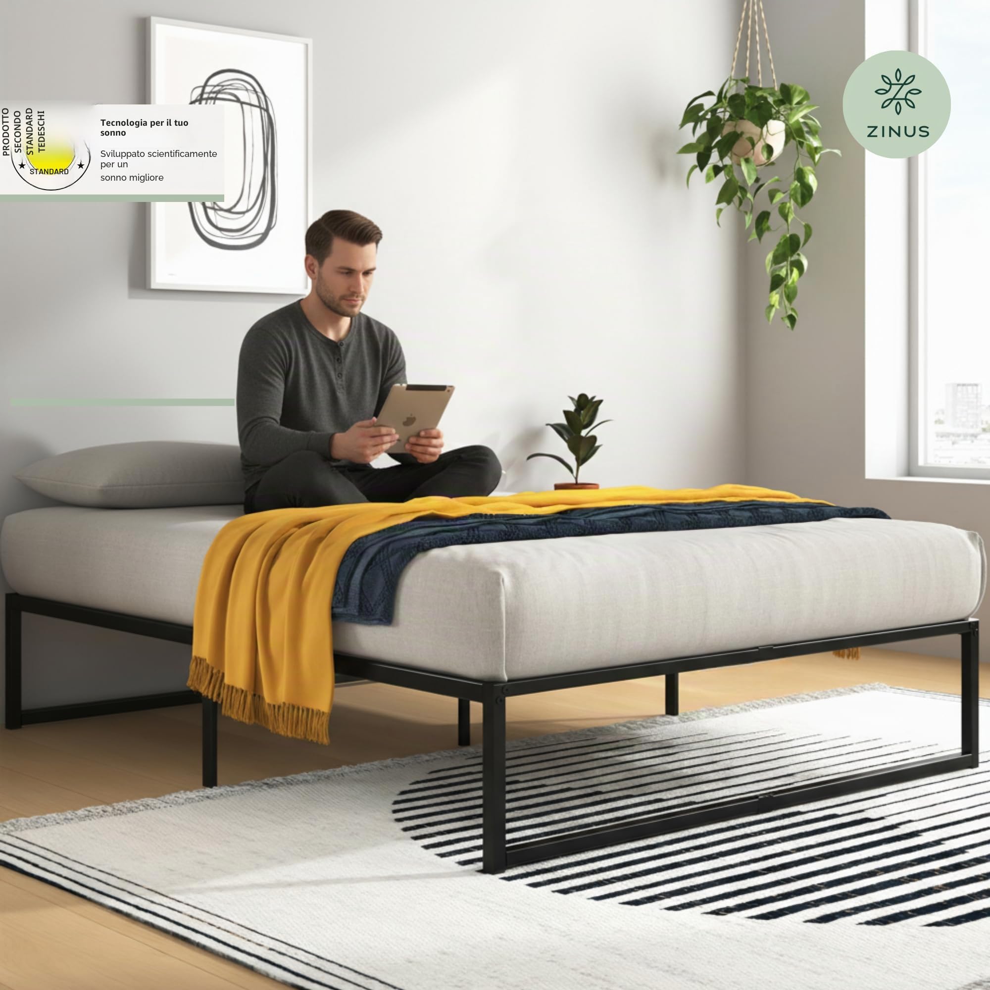 Zinus Letto Lorelai 90 x 200 cm – Altezza 36 cm con spazio sotto il letto – Telaio in metallo – Nero