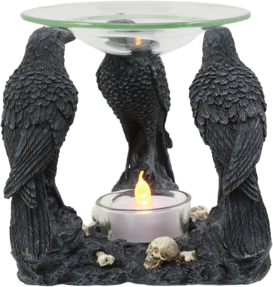 Ebros Macabre Nevermore Skull Graveyard With Three Ravens Tea Light Candle Oil Warmer Burner Statue Aroma Scent Diffuser Resin Three Eyed Raven Gothic Themed Tealight Candle Holder Decorative Figurine