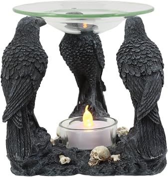 Ebros Macabre Nevermore Skull Graveyard With Three Ravens Tea Light Candle Oil Warmer Burner Statue Aroma Scent Diffuser Resin Three Eyed Raven Gothic Themed Tealight Candle Holder Decorative Figurine