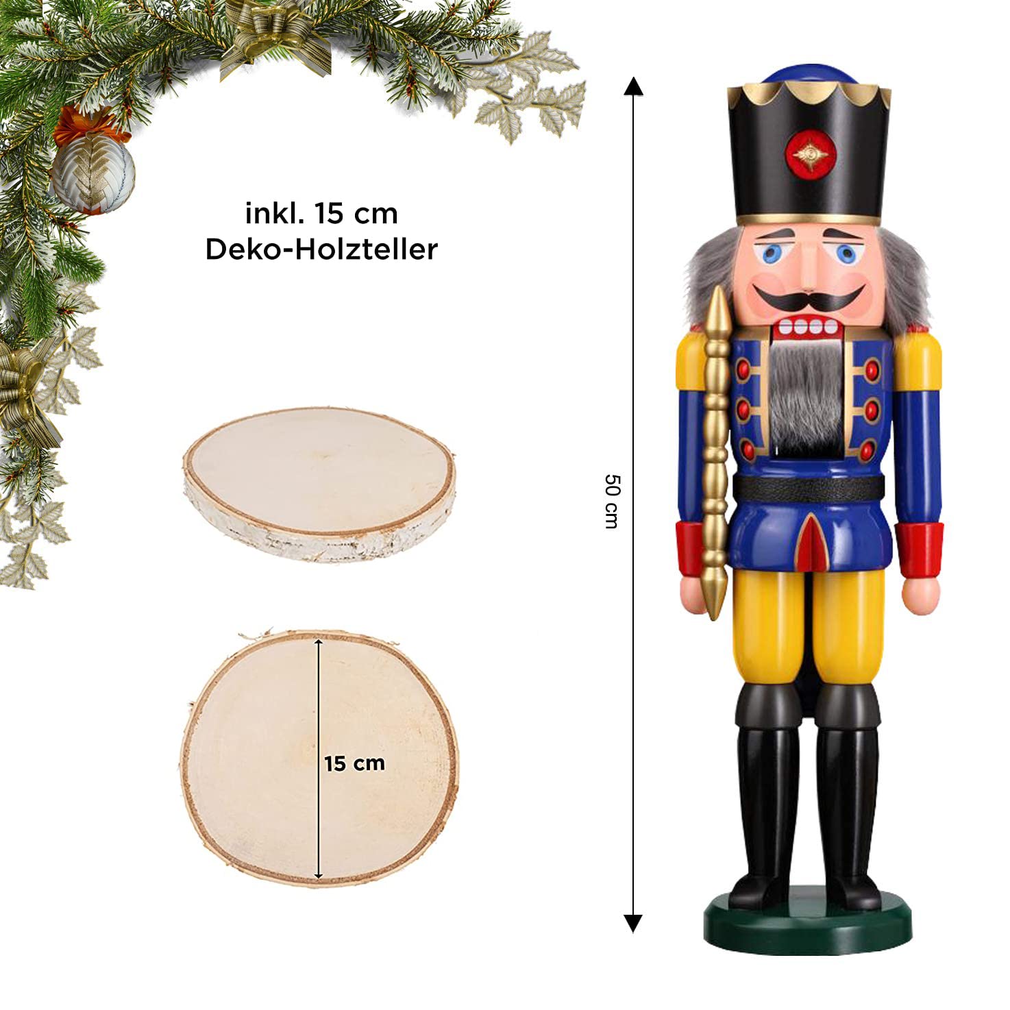 SAFE Nussknacker König blau, 50 cm, Handarbeit Erzgebirge | Große Weihnachtsfigur aus Holz, in Seiffen im Erzgebirge von Hand gefertigt, mit passendem Deko-Holzteller