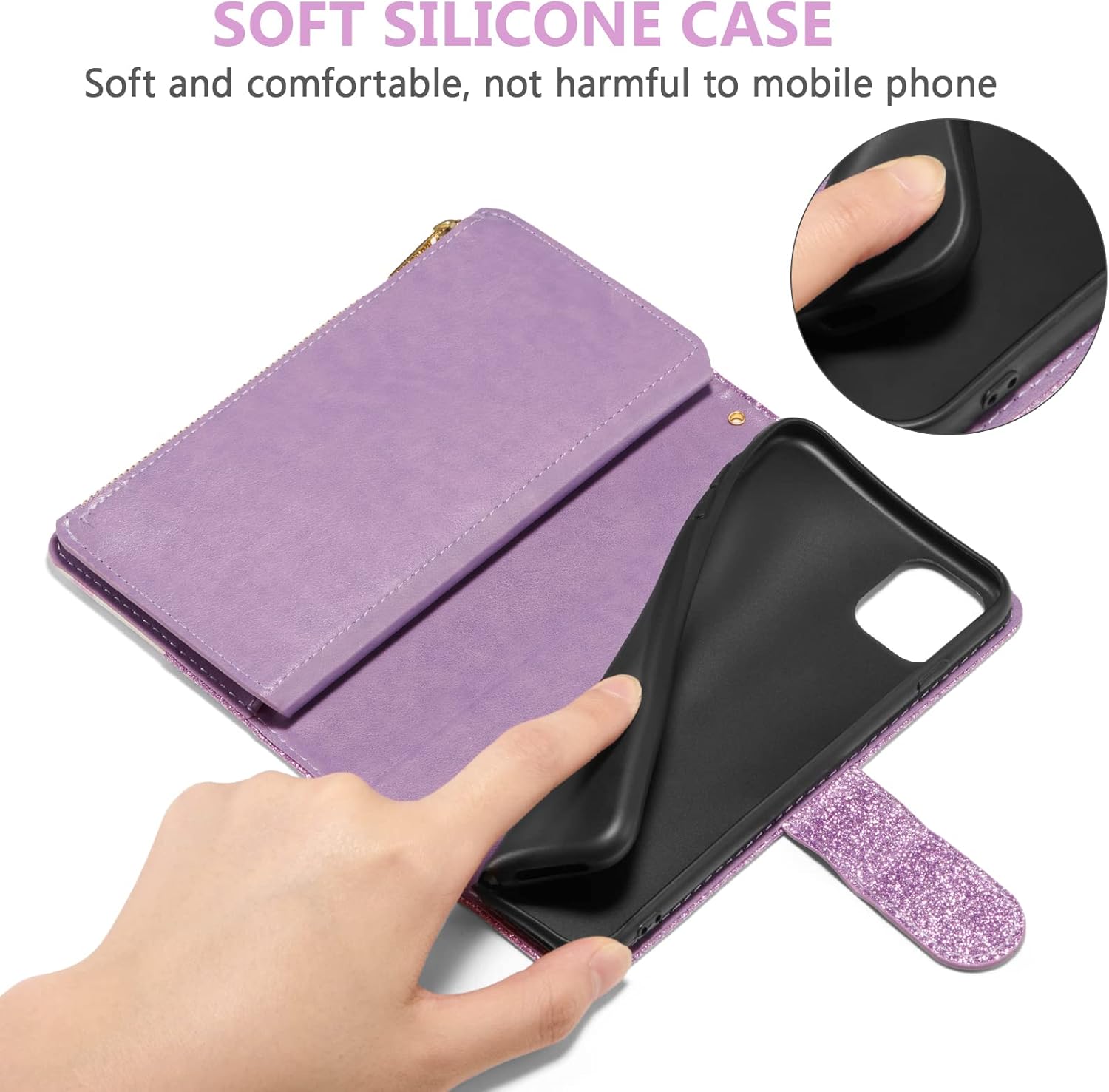 UEEBAI Wallet Case for iPhone 11 6.1 inch, Glitter PU Leather Magnetic Closure Handbag Zipper Pocket Case Kickstand Card Holder Slots with Wrist Strap TPU Shockproof Flip Cover - Bling Purple - Image 6