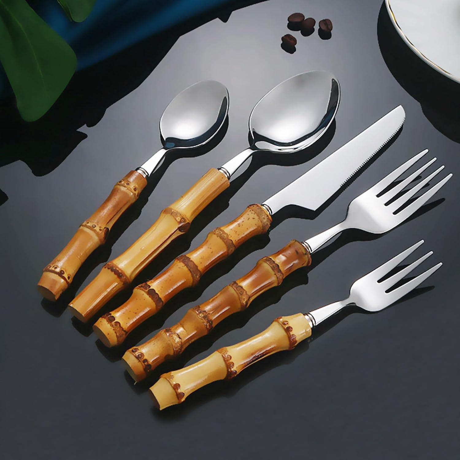 Bamboo Silverware Set for 18, 90 Piece 18/8 Stainless Steel Cutlery Set, Natural Bamboo Handle Cutlery Sets, Household Kitchen Utensil Flatware Sets, Dishwasher Safe (90pcs)