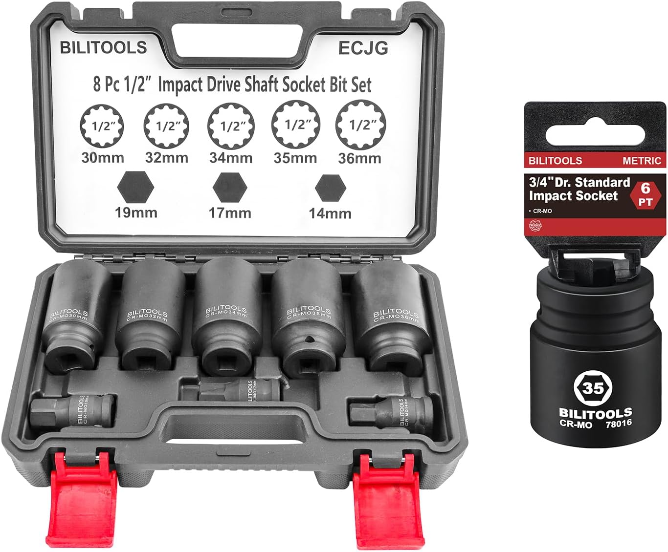 35mm Socket 3/4" Drive Standard Impact Socket & 12 Point Axle Nut Socket Set
