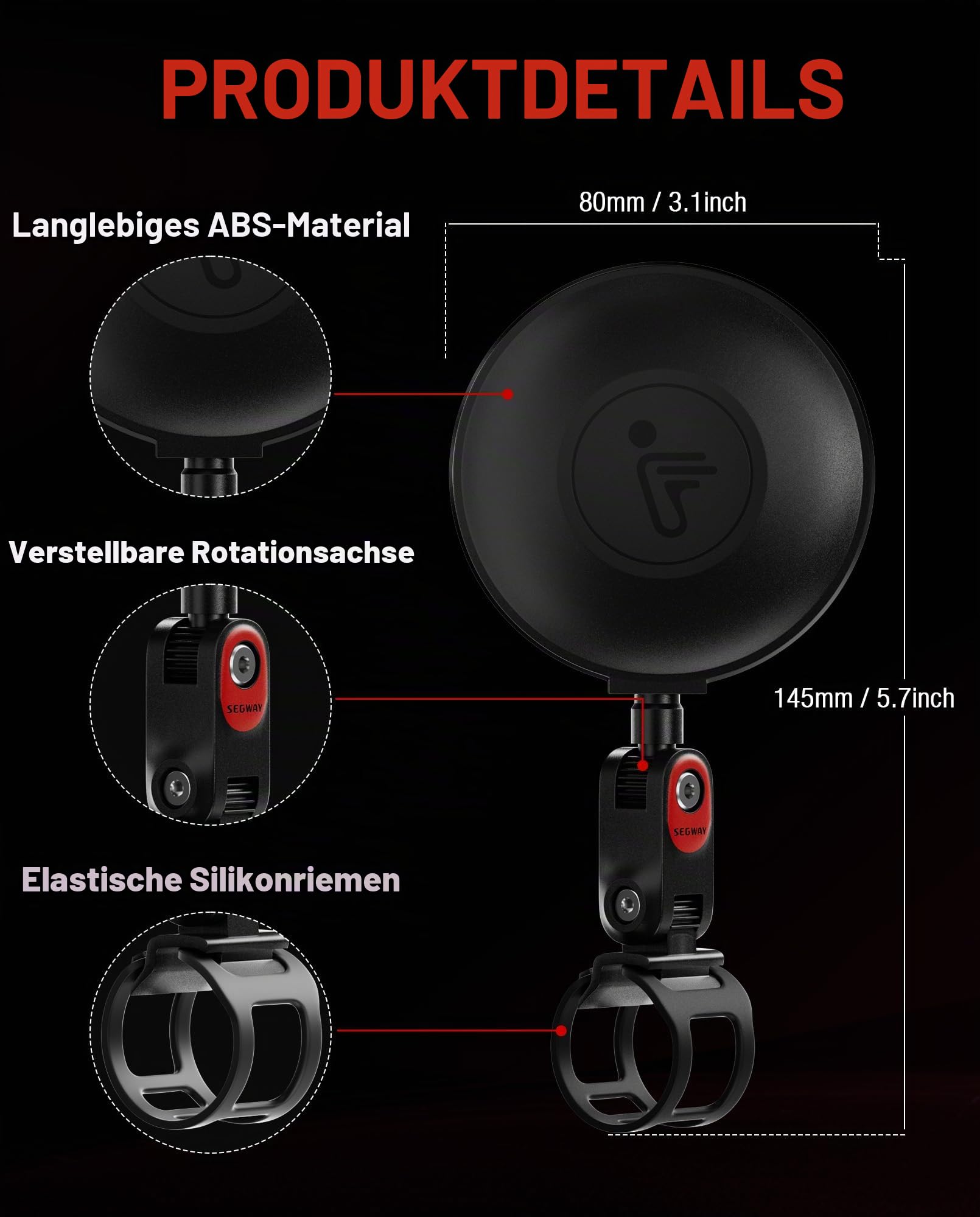 Verstellbare Rückspiegel mit 360°-Drehung (2er-Set) Kompatibel mit allen Segway Ninebot MAX G30 G2 G3 ZT3 Pro GT3 F3 E3 Rollern (außer Air T15), Großwinkelspiegel, HD-Glas, Originalzubehör