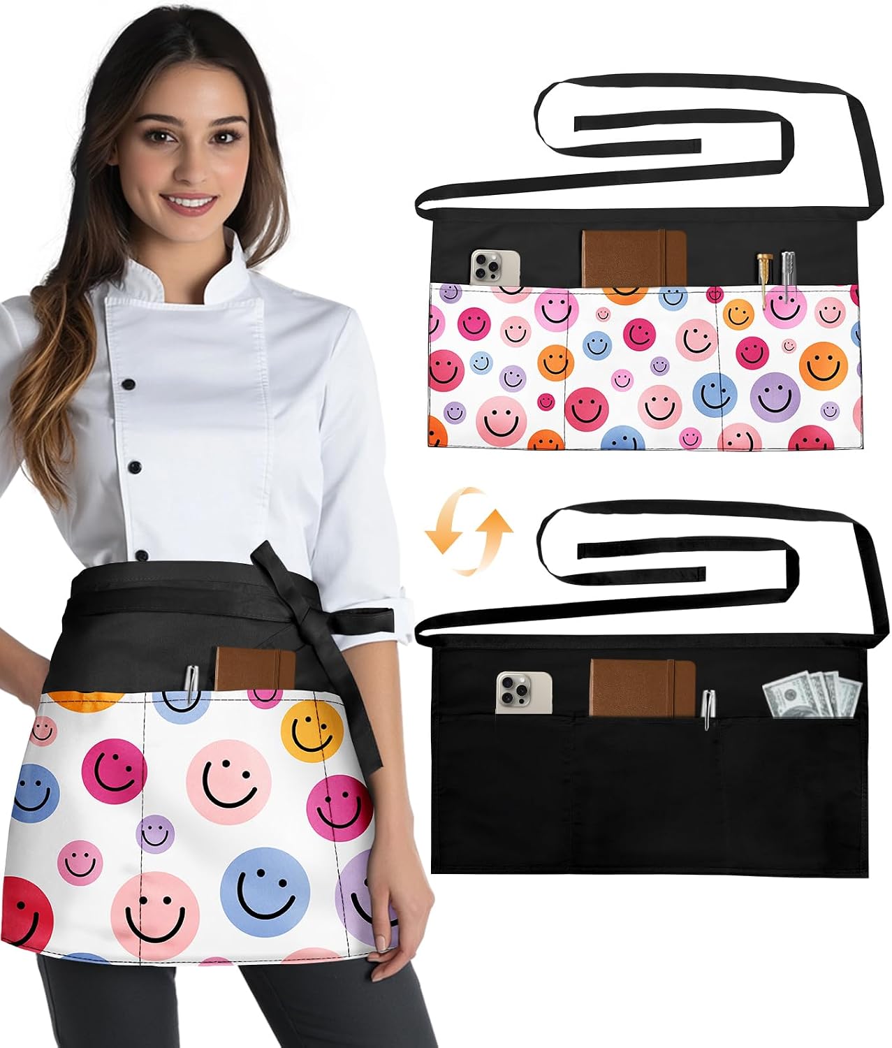 Slohif Reversible Server Apron 6 Pockets - Waist Apron for Waitress Women Half Serving Short Apron Waiter Kitchen Accessories