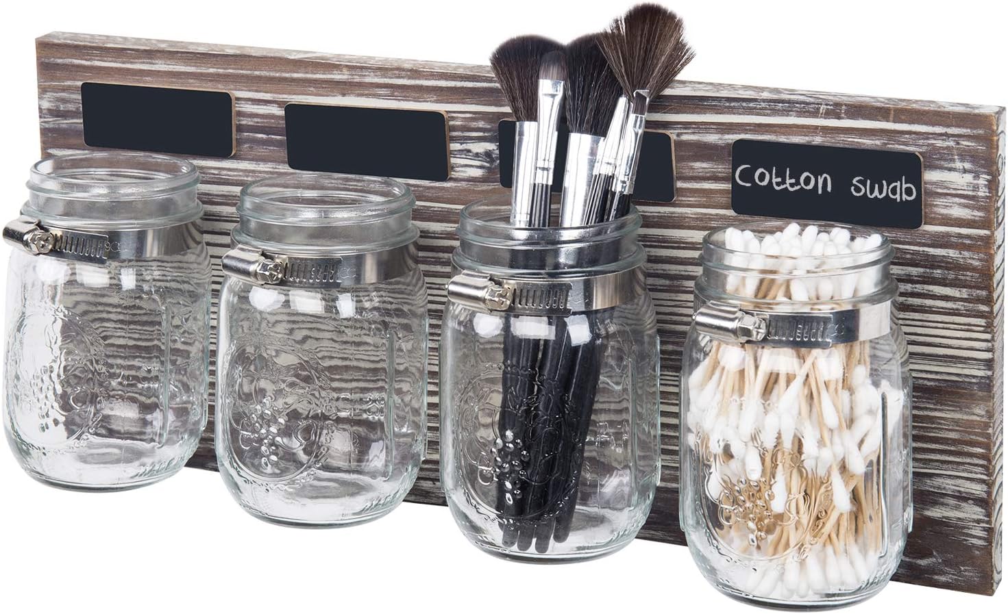 MyGift Wall Mounted Rustic Torched Solid Wood Mason Jar Wall Organizer Rack with Storage Jars and Chalkboard Labels, Bathroom Decor Hanging Cosmetic Holders