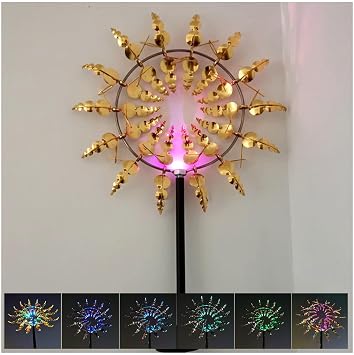 Solar Magical Metal Windmill, Wind Spinner Garden 360 Metal Windmill, 13.4 x 71in Wind Mill,Gold