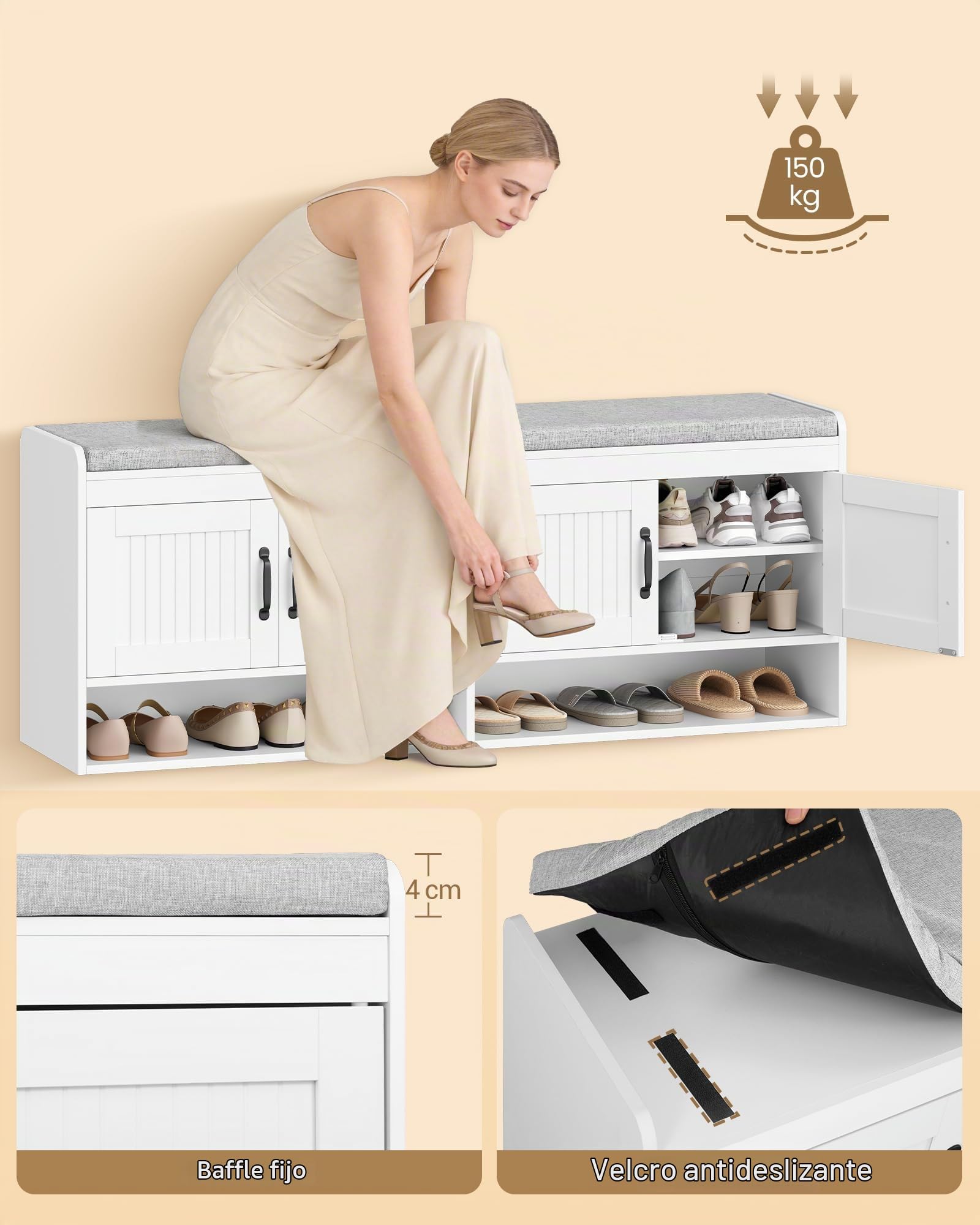 Hzuaneri Banco Zapatero con Asiento, Almacenaje, Blanco | Entrada y Pasillo, Zapatero con Compartimento Abierto y Almacenamiento Oculto, Moderno, 35x140x54cm, SB41403GY
