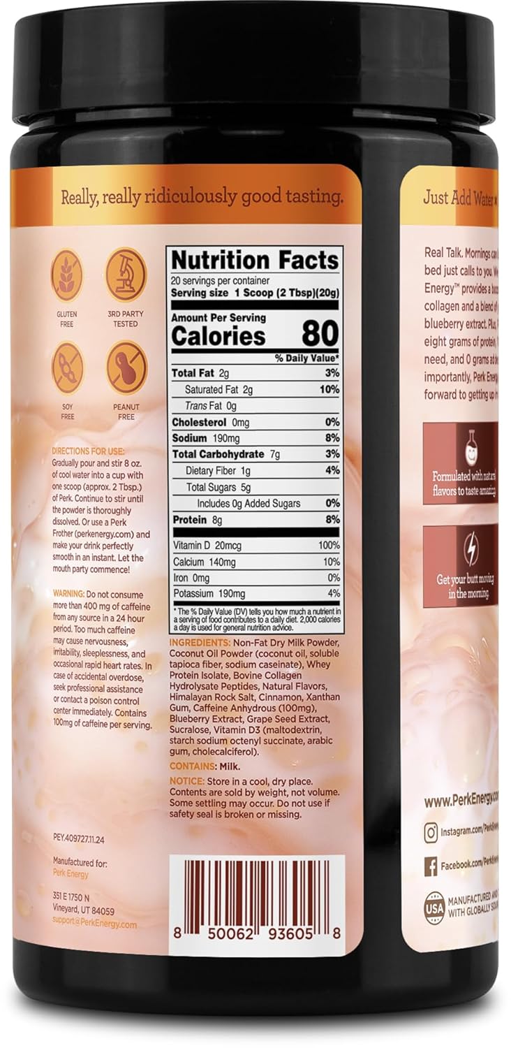 Perk Energy Drink Mix (Horchata) 20 Servings - Caffeinated Healthy Coffee Alternative with Protein, 100mg of Caffeine, Gluten-Free, Soy-Free, Peanut-Free