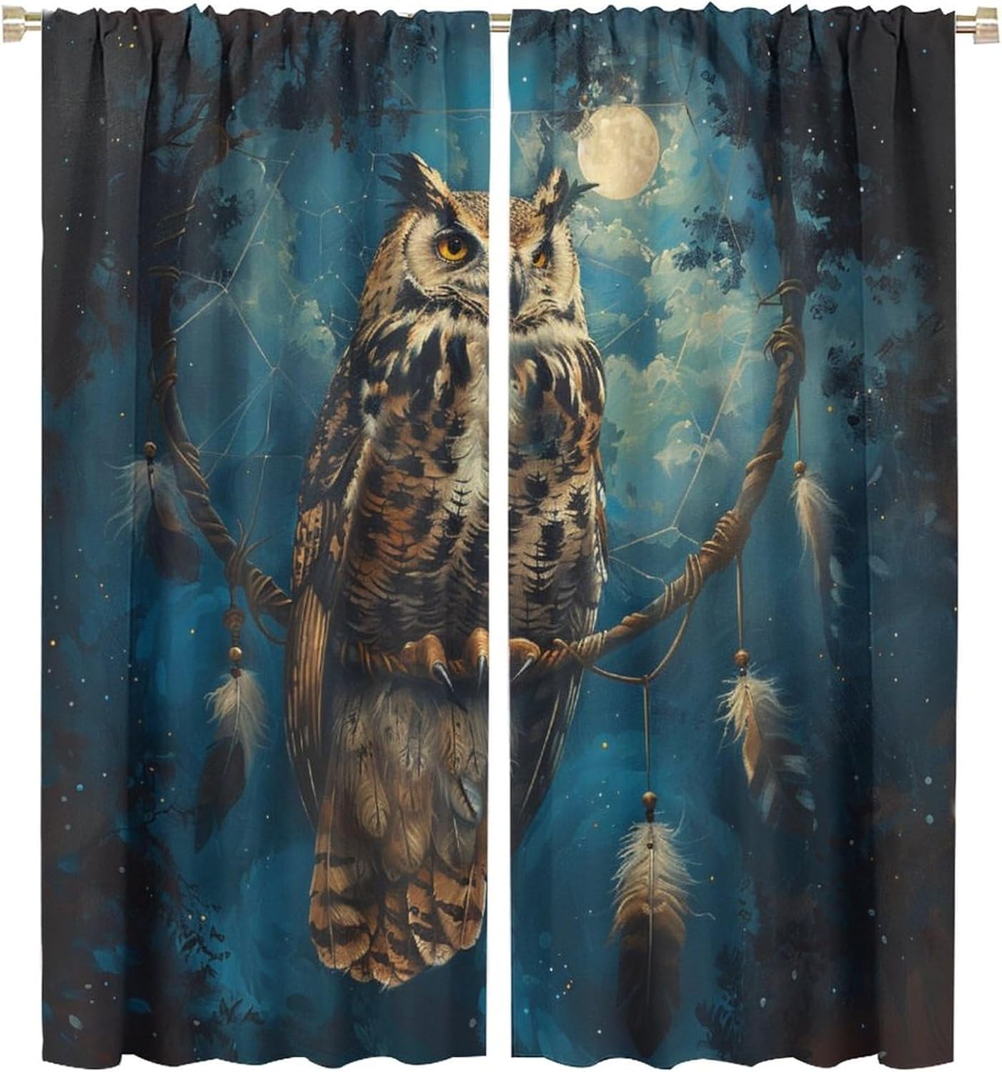 Retro Rustic Owl Blackout Curtains for Bedroom Living Room, Rod Pocket Dream Catcher Bird Fantasy Curtains Thermal Insulated Window Drapes, Set of 2 Panels, 42W x 45L