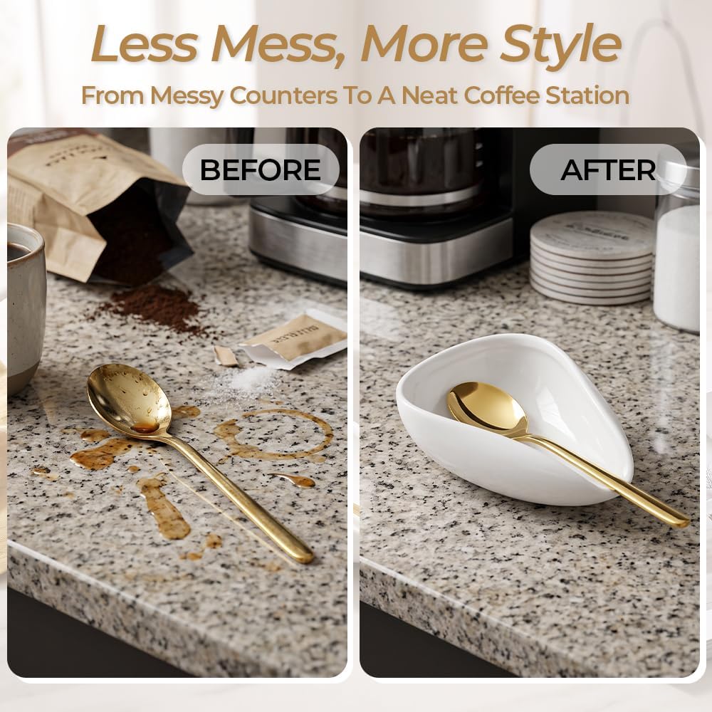 White Ceramic Coffee Spoon Rest with Gold Stirring Spoon Set