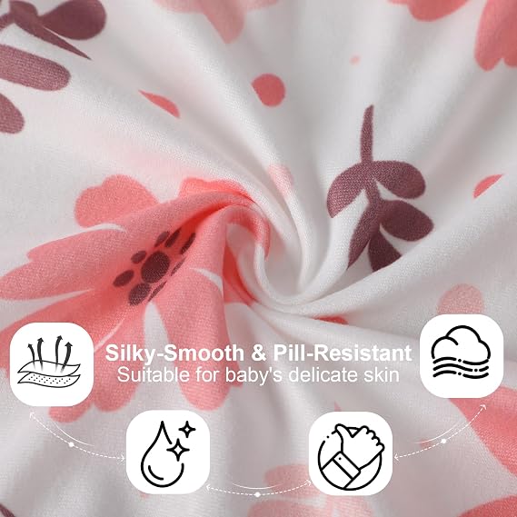Pack N Play Sheets Fit 2枚パック、ソフトで通気性のあるプレイヤードシート、スタンダードパックNプレイマットレス用ミニベビーベッドシート、ユニセックスベビーシーツ花柄&ピンクチェック