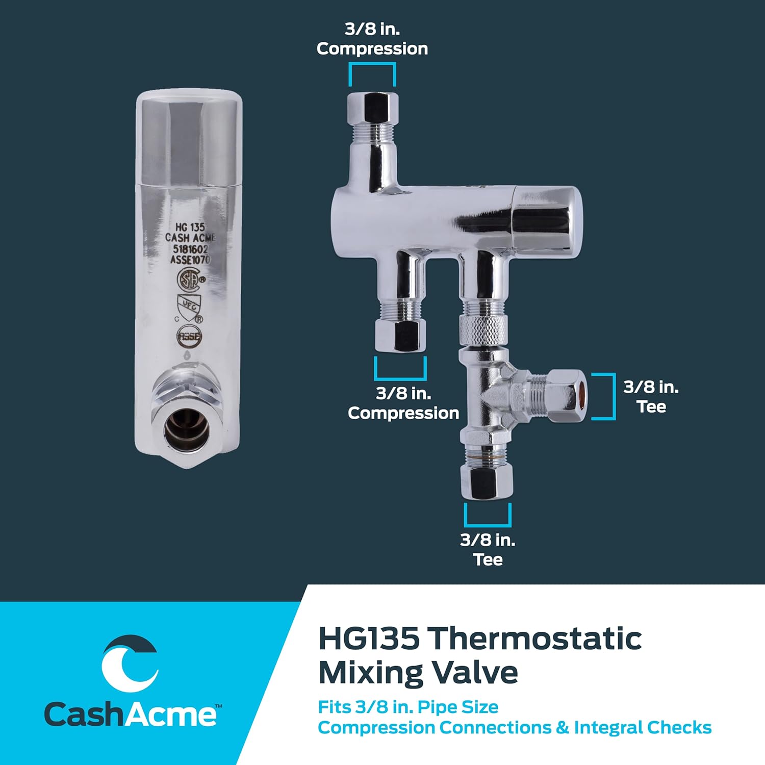Cash Acme 3/8 Inch HG135 Thermostatic Mixing Valve with Compression Connections, Tee, and Integral Checks, Brass Plumbing Fitting, 25687