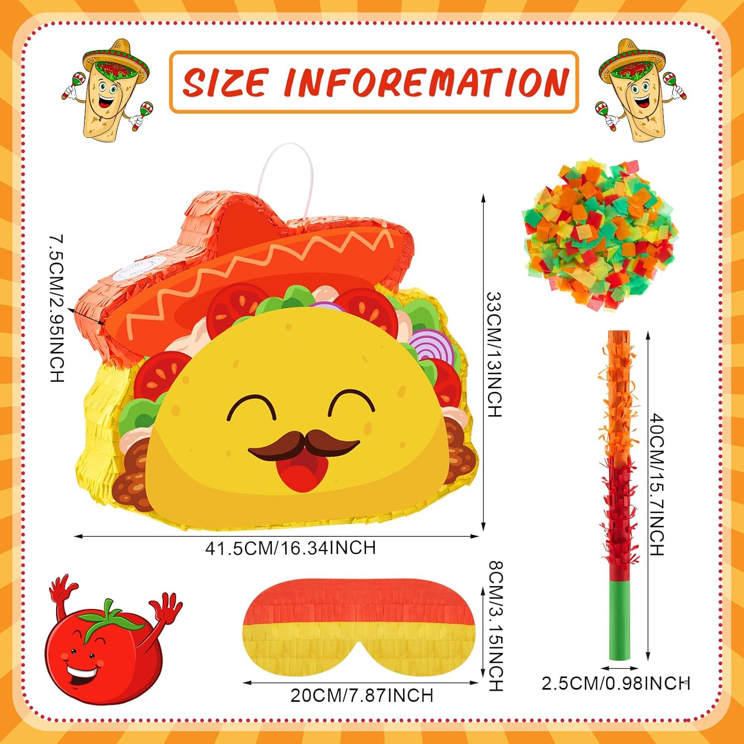 Lewtemi Taco Piñata for Cinco De Mayo Fiesta Party Decorations with Stick, Blindfold and Confetti, Fun Mexican Party Supplies for Celebration, 17.3 x 13 x 3 Inch