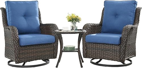HUMMUH Silla mecedora giratoria de ratán de 3 piezas para exteriores, juego de muebles de bistró de patio con cubierta, silla de mimbre acolchada