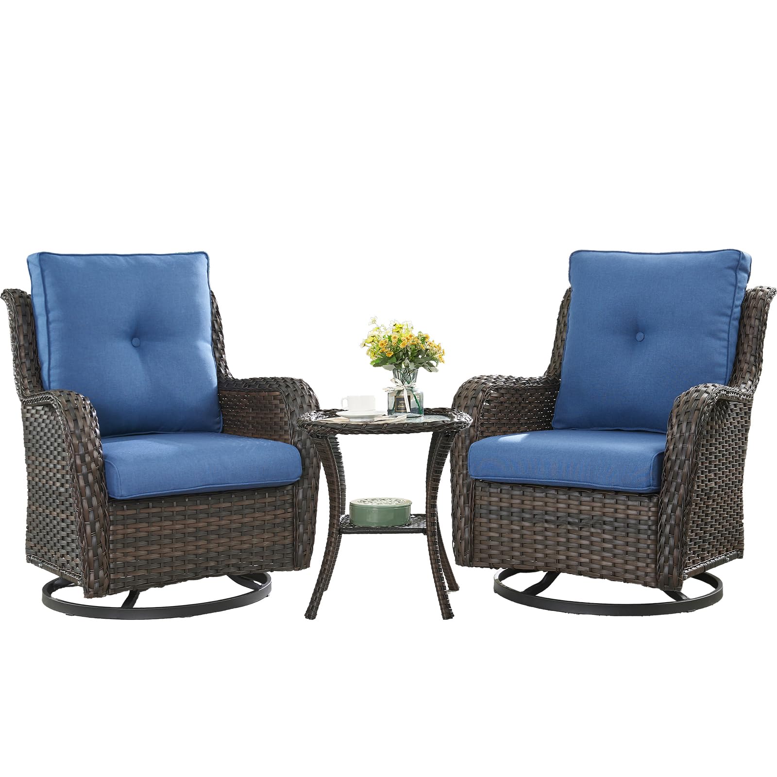 HUMMUH 3-Piece Swivel Rocking Rattan Chair Outdoor, Patio Bistro Furniture Conversation Set with Cover,Cushioned Wicker Chair with Glass Coffee Table(