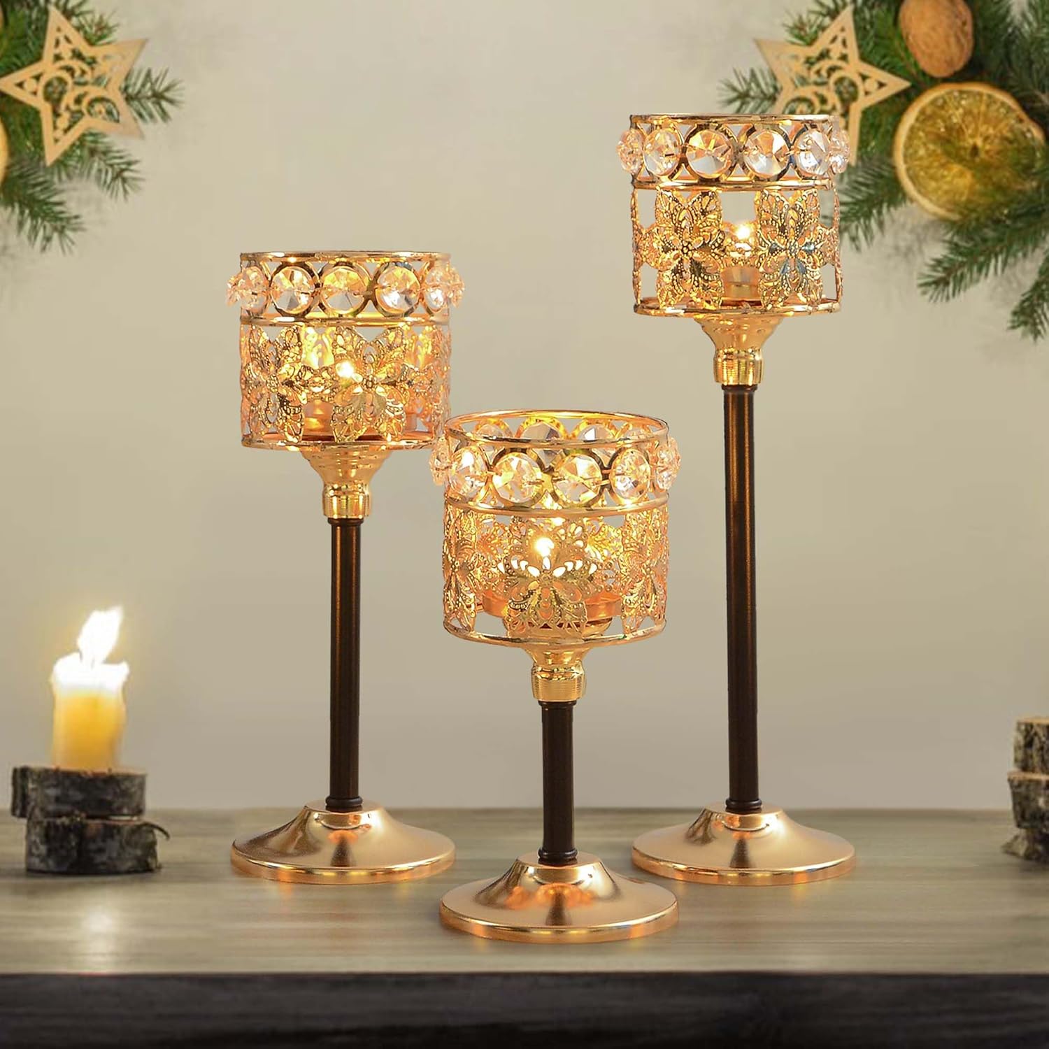 Set of 12 Floral-Carved Crystal & Metal Tealight Candelabras Bulk- Elegant Gold & Black Wedding Centerpiece, Dining Table Decor, Votive Candle Holders