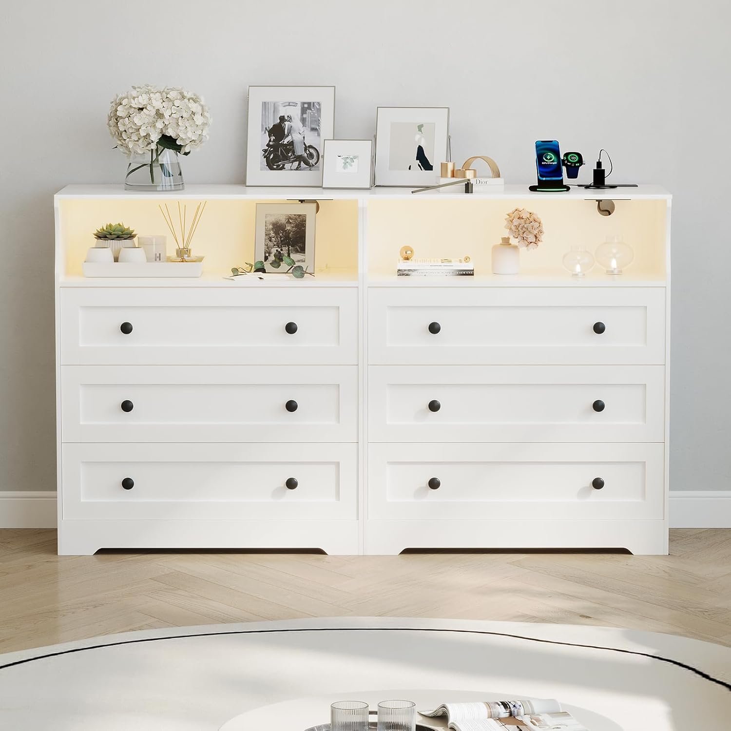 37.2" 3-Drawer Dresser with LED Lights & Charging Station, Wood Chest of Drawers with Open Space, Bedroom Closet Organizer for Living Room, Entryway, Bedside Storage, White
