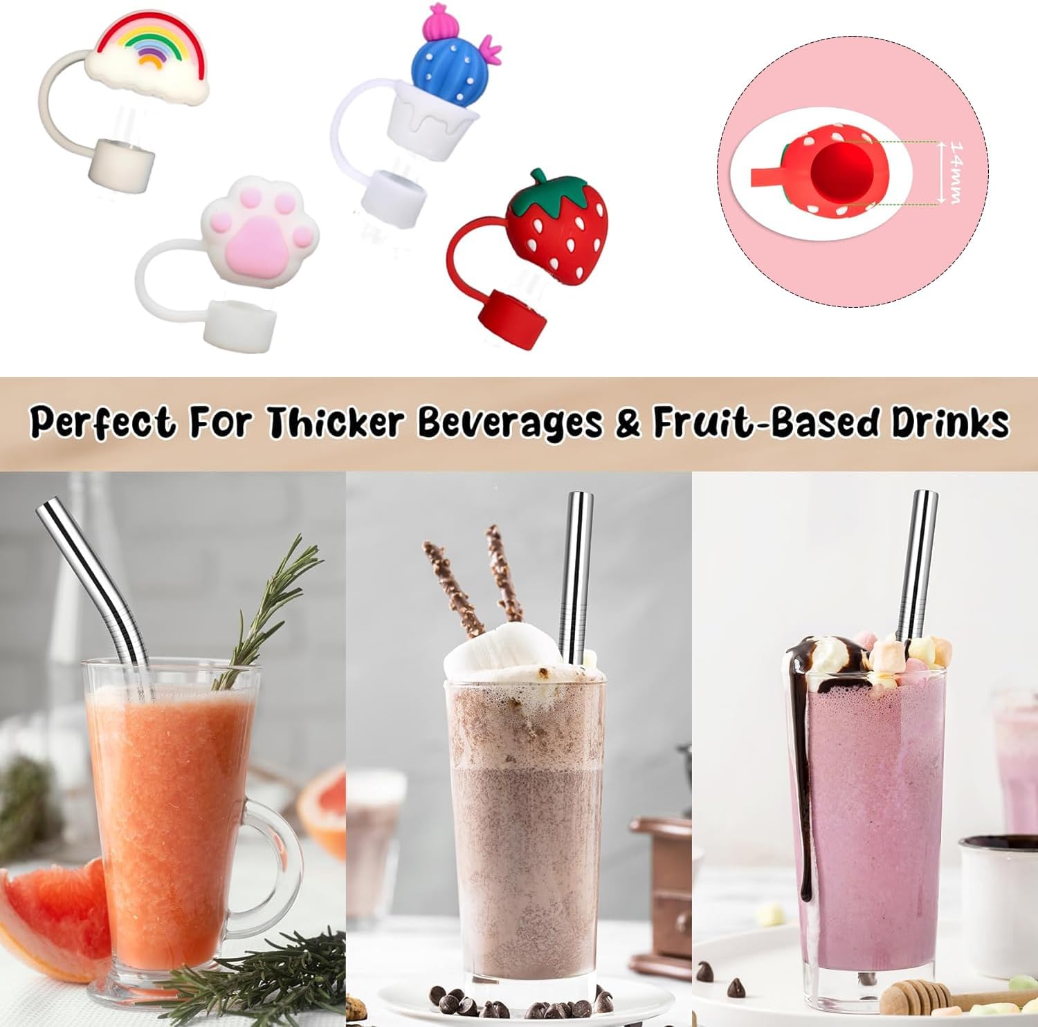 4 Pcs Extra Large Straw Toppers for Boba Straws and Jumbo Straws, 0.48” & 0.55” (12mm & 14mm) Diameter, Reusable Dust-Proof Straw Covers, Made with Food Grade Silicone