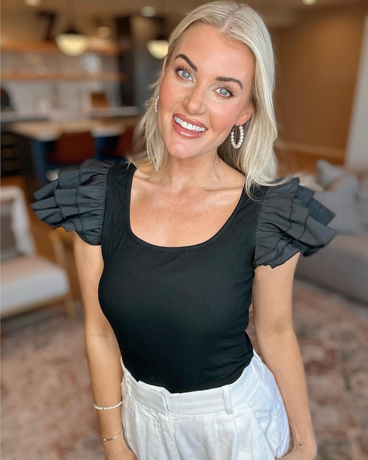 Women's Ruffle Short Sleeve Shirts Summer Casual Ribbed Knit Tee Fitted Square Neck Fashion Tops - Image 5