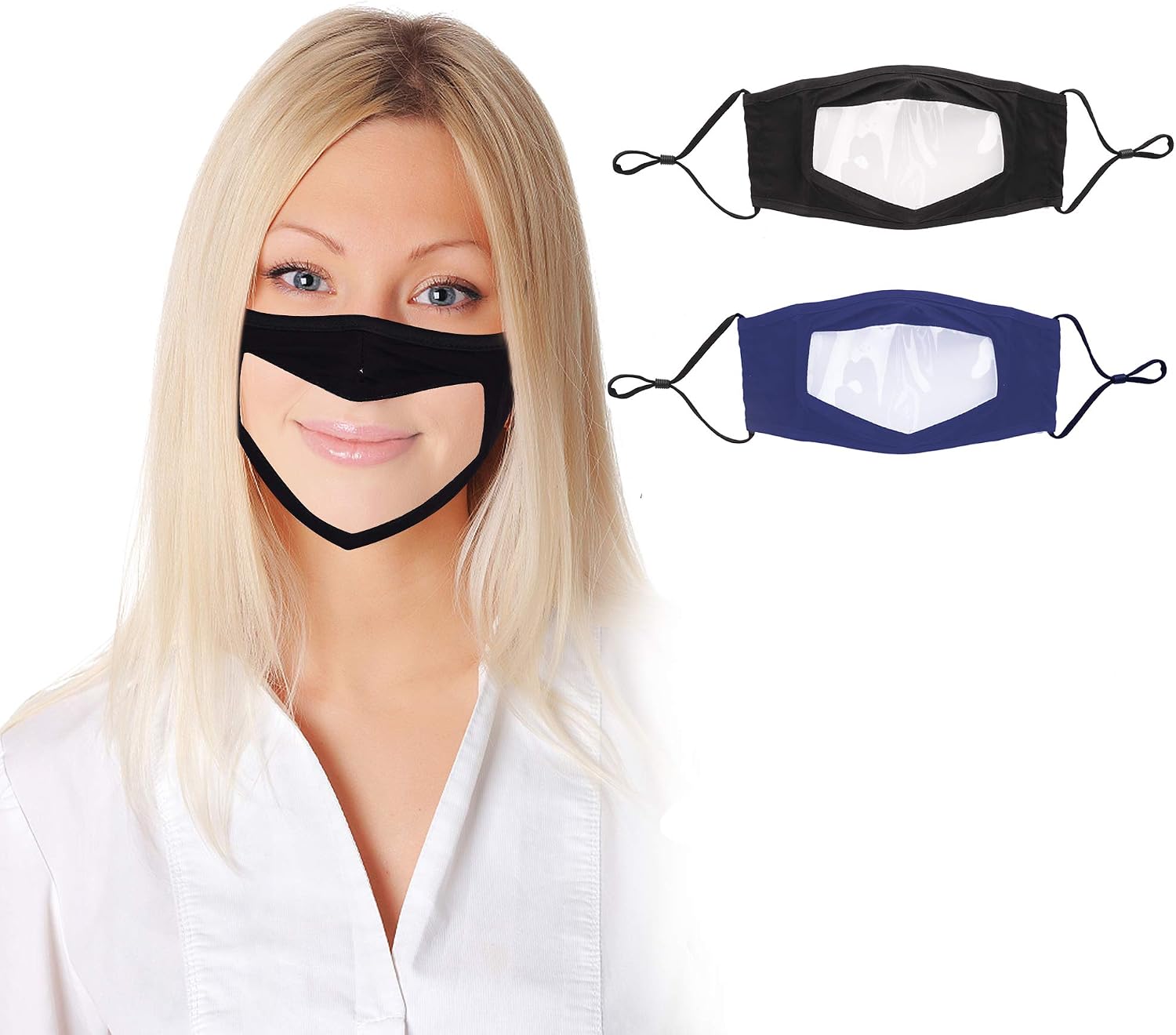 Feeke 2 Pack Reusable Washable Fashion Cotton Bandanas with Clear Window for Men and Women (black & blue)