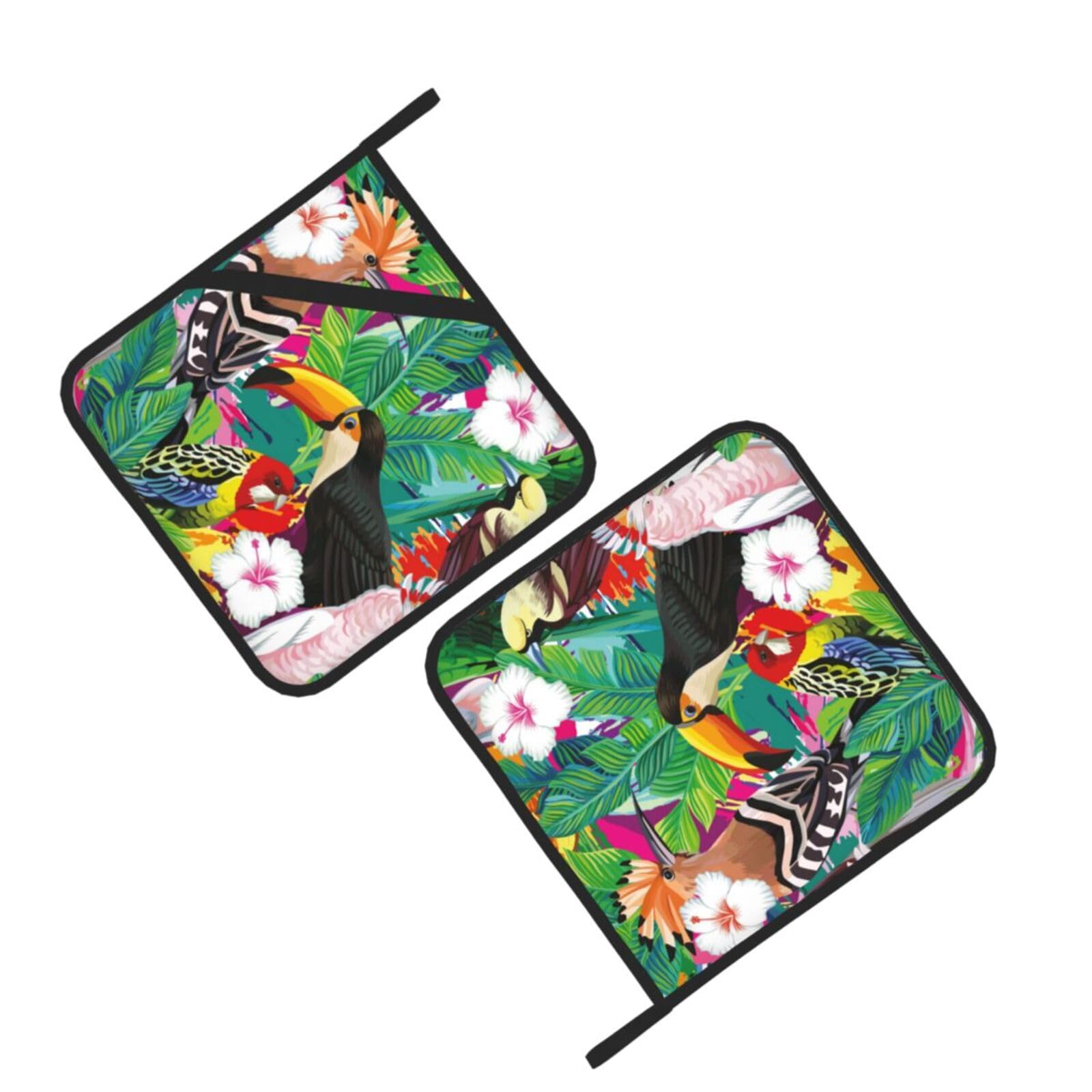 Tropical Birds and Plant Leaf Printed Oven Pot Holders Set of 2 Pcs Heat Resistant Kitchen Microwave Potholders for Cooking Baking Grilling