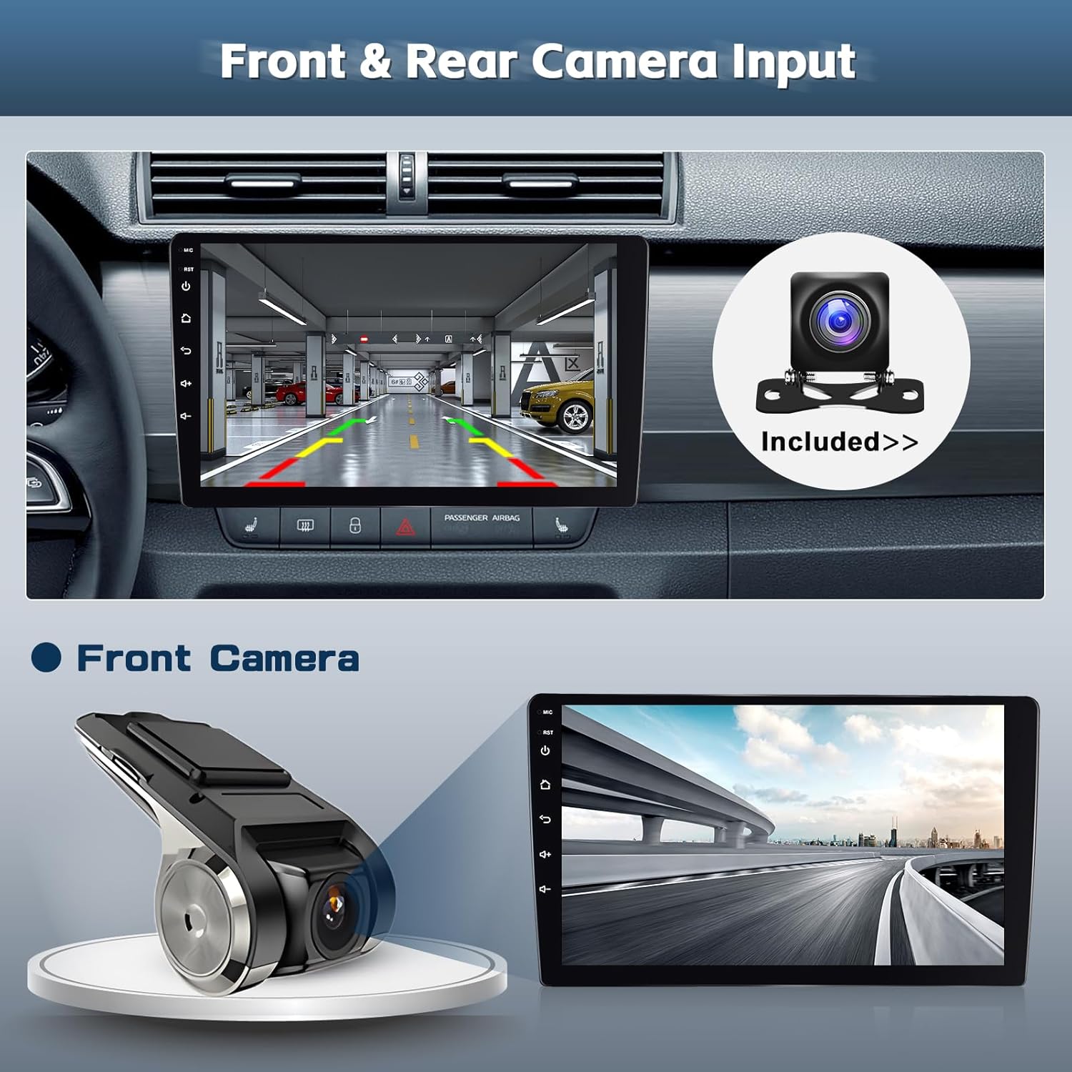 The car stereo screen showing a GPS navigation map with a route, current speed, and estimated arrival time, along with icons for various navigation apps.