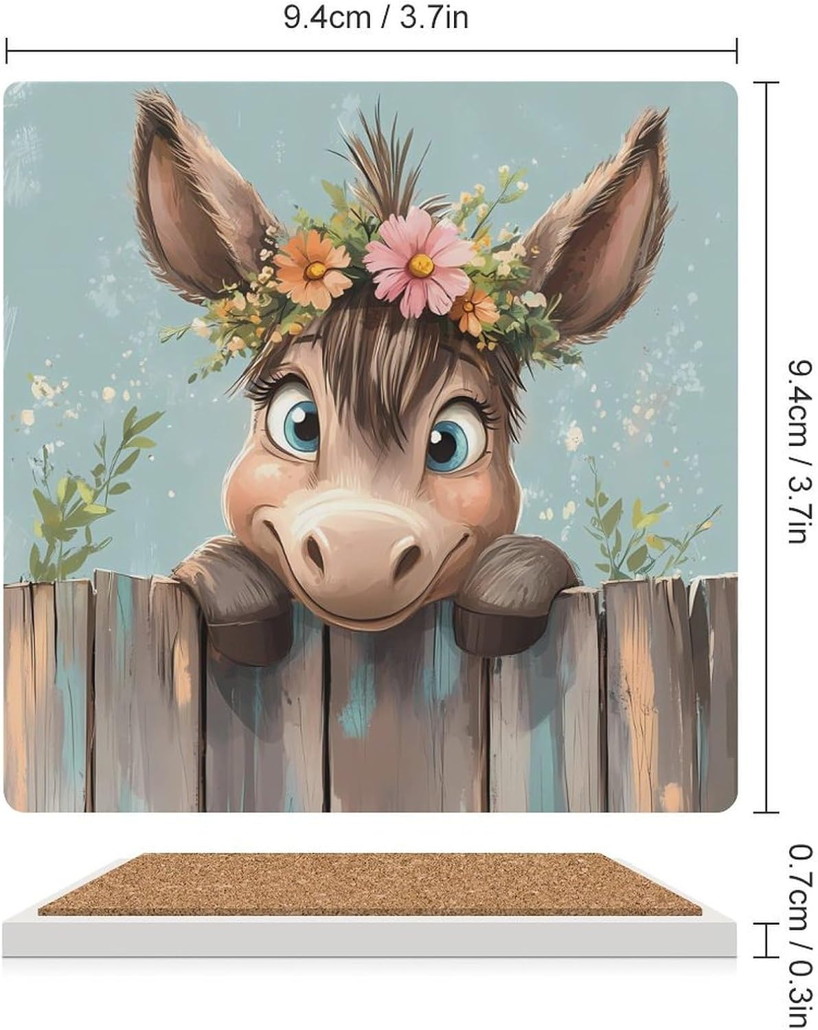 Farmhouse Donkey Floral Ceramic Coasters Set Square Drink Coasters Table Coaster for Kitchen Desktop Decor