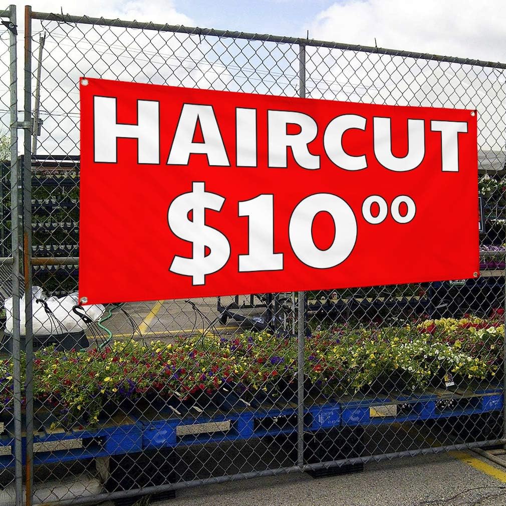 Vinyl Banner Multiple Sizes Haircut $10 Outdoor Advertising Printing Retail Outdoor Weatherproof Industrial Yard Signs Red 4 Grommets 24x36Inches