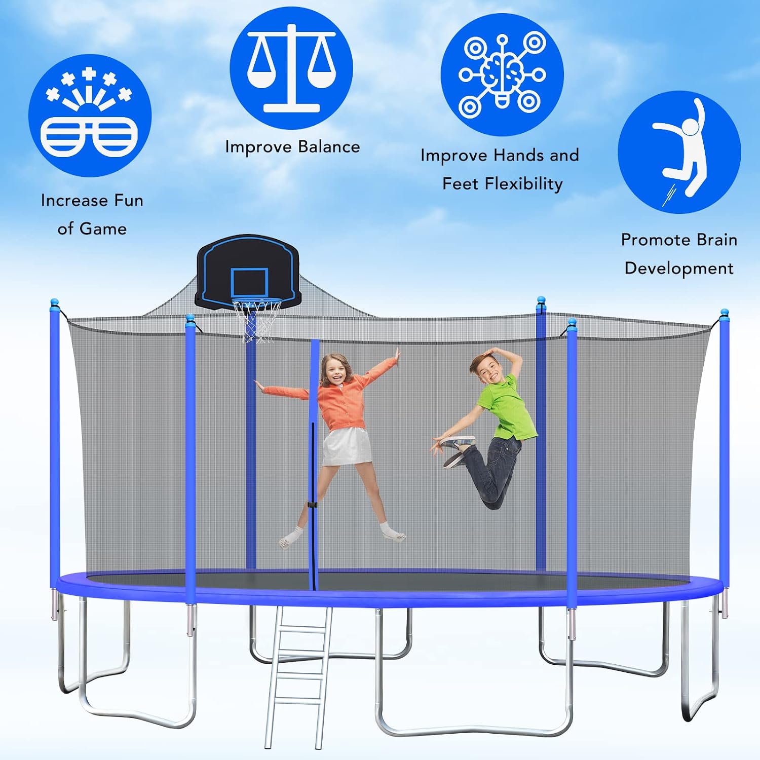 Super Sale 🛒 Tatub 16 Ft Trampoline with Enclosure Net, Basketball Hoop - High Weight Capacity Big Outdoor Trampoline for Kids and Adults (Sky Blue)