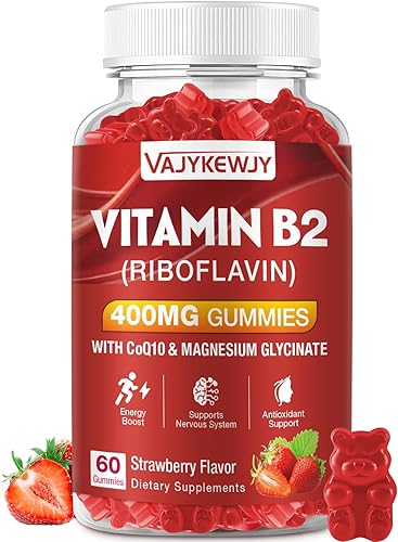 Vitamina B2 Riboflavina 400 mg gomitas para apoyo de energía y metabolismo – Delicioso sabor a fresas gomitas veganas – Sin OMG, sin gluten – 60