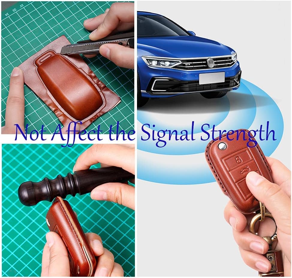 HIBEYO Leather Key Fob Cover Compatible with VW Golf 7 MK7 Polo GTI 2021 Tiguan 3 Button Smart Car Key Full Protective Replacement Shell Folding Remote Key Fob Case Keyless Auto Keychains-Black