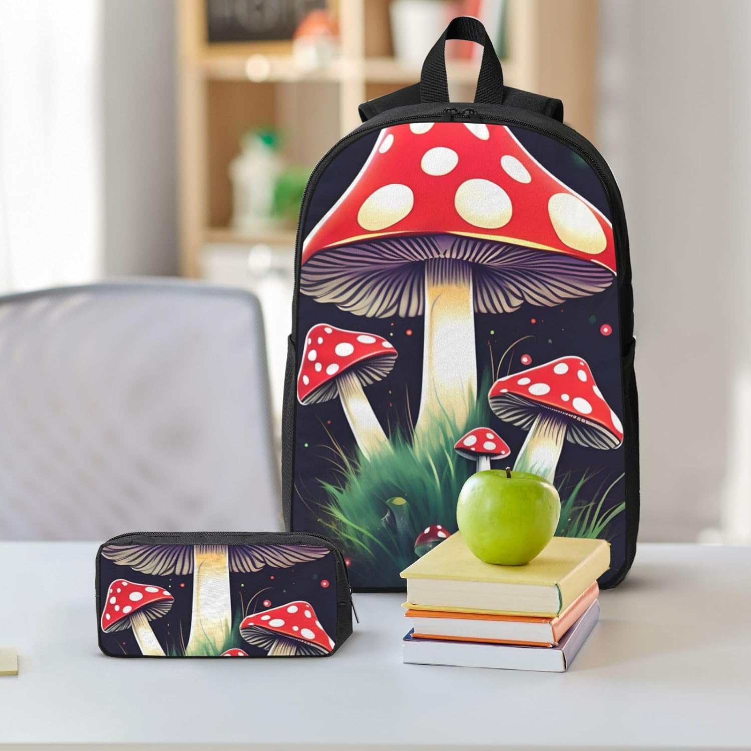 Magic Mushrooms print 3 Piece Backpack Bags with Lunch Box Pencil Case Set for Travel Work Camping Unisex