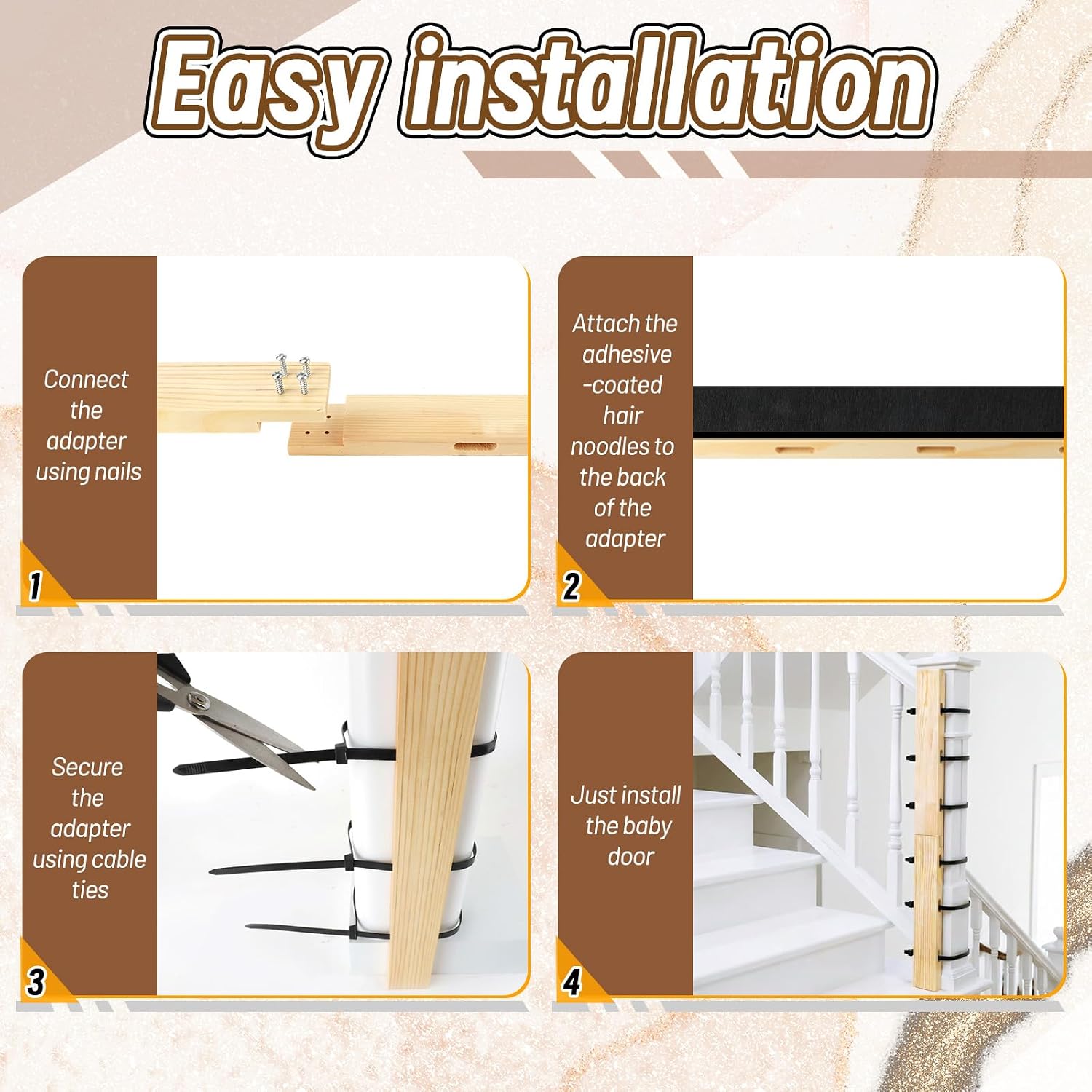 U0U No Hole Stairway Baby Gate Mounting Kit,Safe Pine Wood Baby Gate Banister Adapter for Pressure and Hardware Mounted Kid Gates,Adapter Fits Round and Square Banister (Yellow, 33 * 1.9 * 0.7inch)