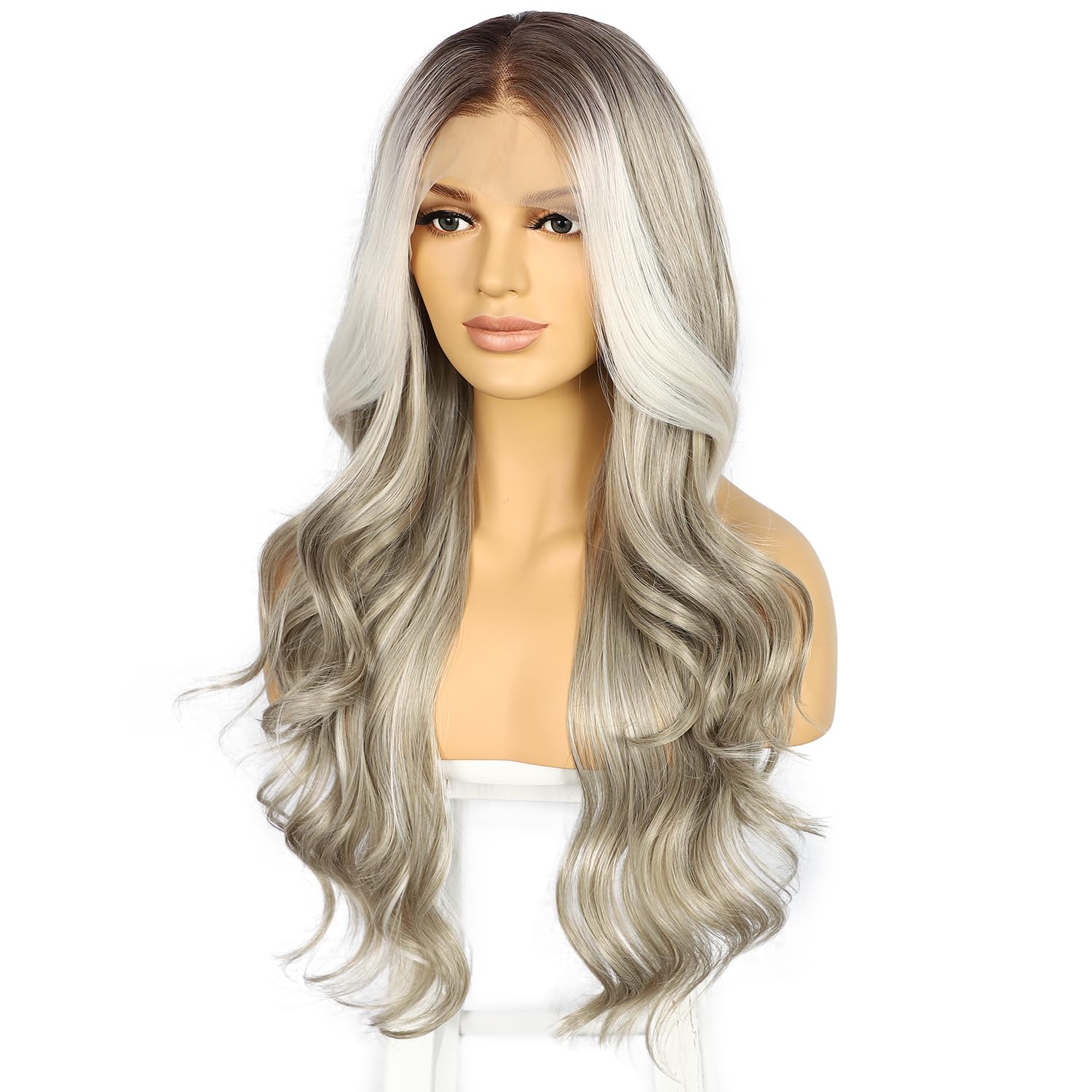 Sapphirewigs Grigio 13x4 parrucca anteriore in pizzo sintetico onda del corpo Parrucca Partito Data Indossare quotidianamente Parrucca dall'aspetto naturale 26 pollici