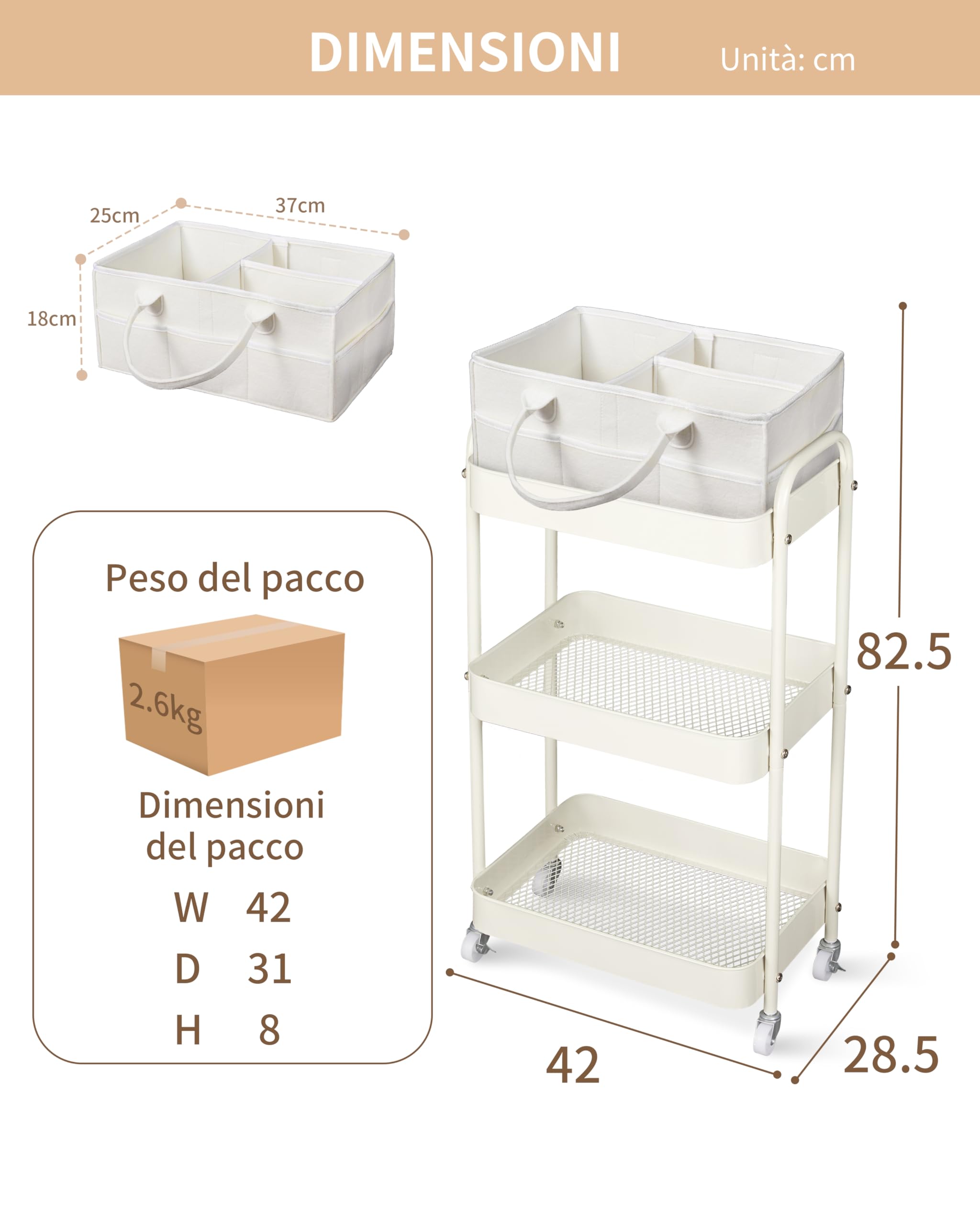 Fortella Carrello con Ruote Portatutto, Organizer Fasciatoio per Neonati Portatile, Ideale per Fasciatoio Neonato Bagno, Regalo Nascita Bimbo, 3 Ripiani Carrello Porta Attrezzi, Cucina (Beige)