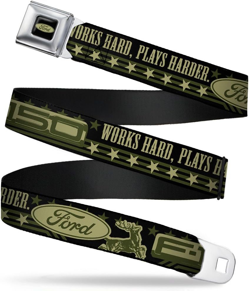 Buckle-Down Seatbelt Belt - FORD F-150 WORKS HARD, PLAYS HARDER./Stars Black/Tan/Olive - 1.0" Wide - 20-36 Inches in Length