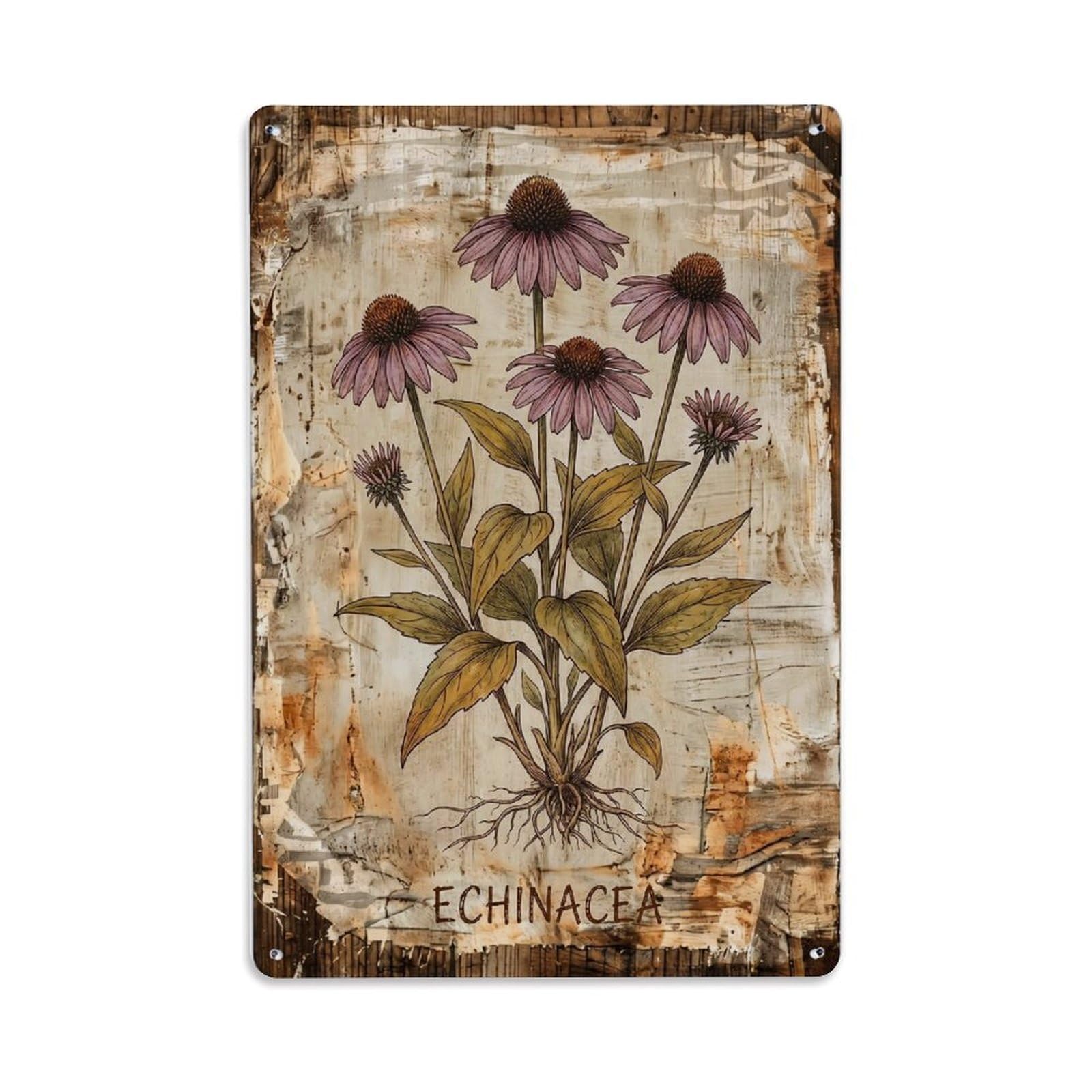 Echinacea Botanical 1 Vintage Metal Tin Sign Plaque Wall Decor for Cafe, Club, Garden Metal Poster 8x12Inch