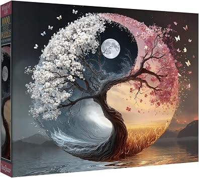Ying Yang Tree Puzzles for Adults 1000 Pieces Nature, Beautiful Spring Butterfly Flower Sunset Art Jigsaw Puzzles, Pretty Winter Moon Mountain Fantasy Puzzle