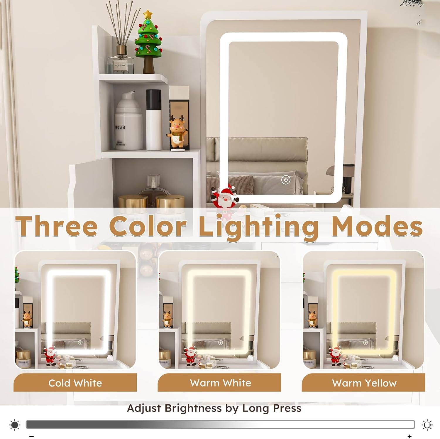 Kids Vanity White with 3-Color LED Mirror, Girls Vanity Set with Built-in Charging Station & Hair Dryer Holder, Kids Vanity Table and Chair Set for Girls Bedroom Playroom