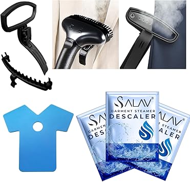 SALAV® Performance Series Upright Garment Steamer with Roll Wheels For Easy Movement Accessories Set (Pants Press, Fabric Brush, Mini Ironing Board, 3-pc Descaler Packets)