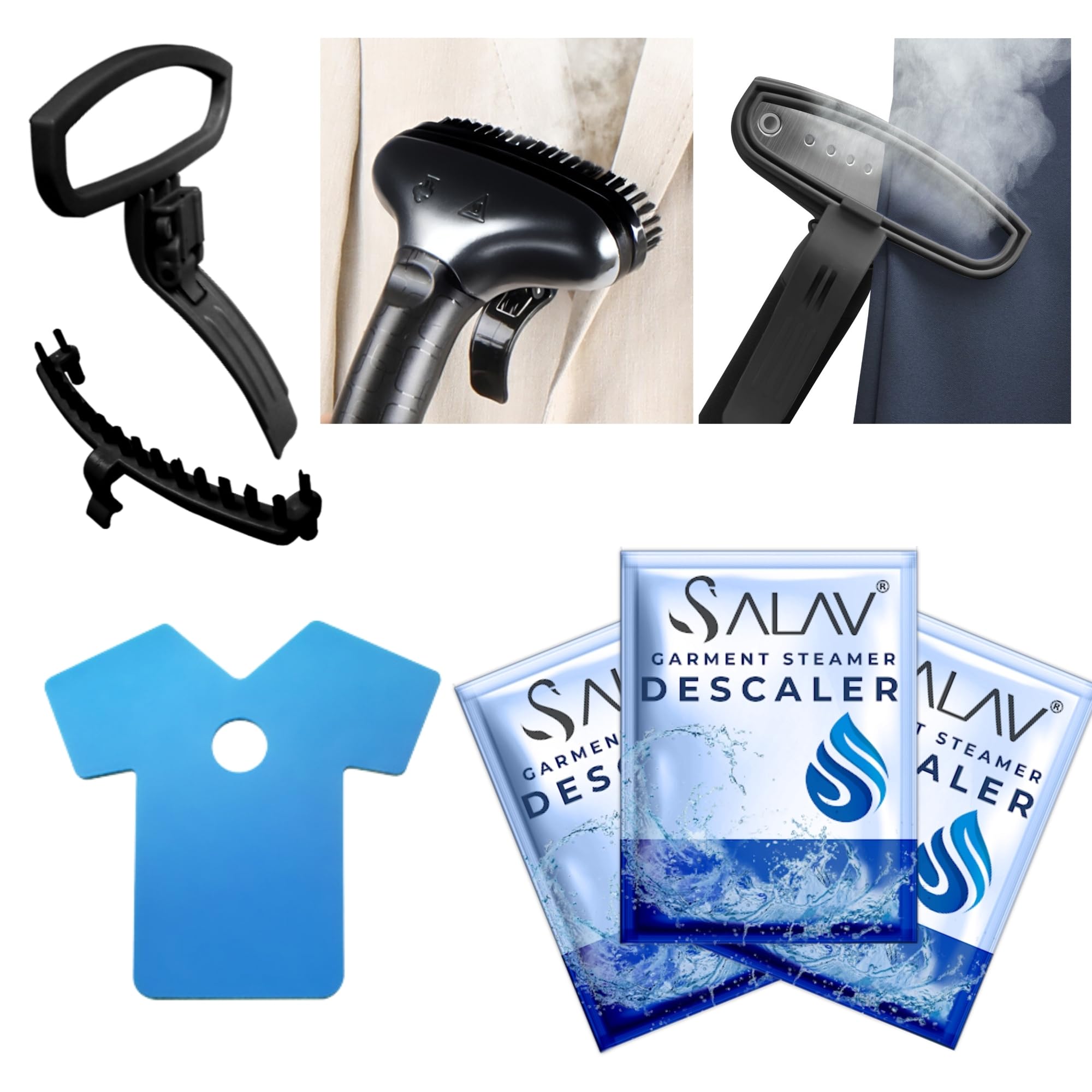 SALAV® Performance Series Upright Garment Steamer with Roll Wheels For Easy Movement Accessories Set (Pants Press, Fabric Brush, Mini Ironing Board, 3-pc Descaler Packets)