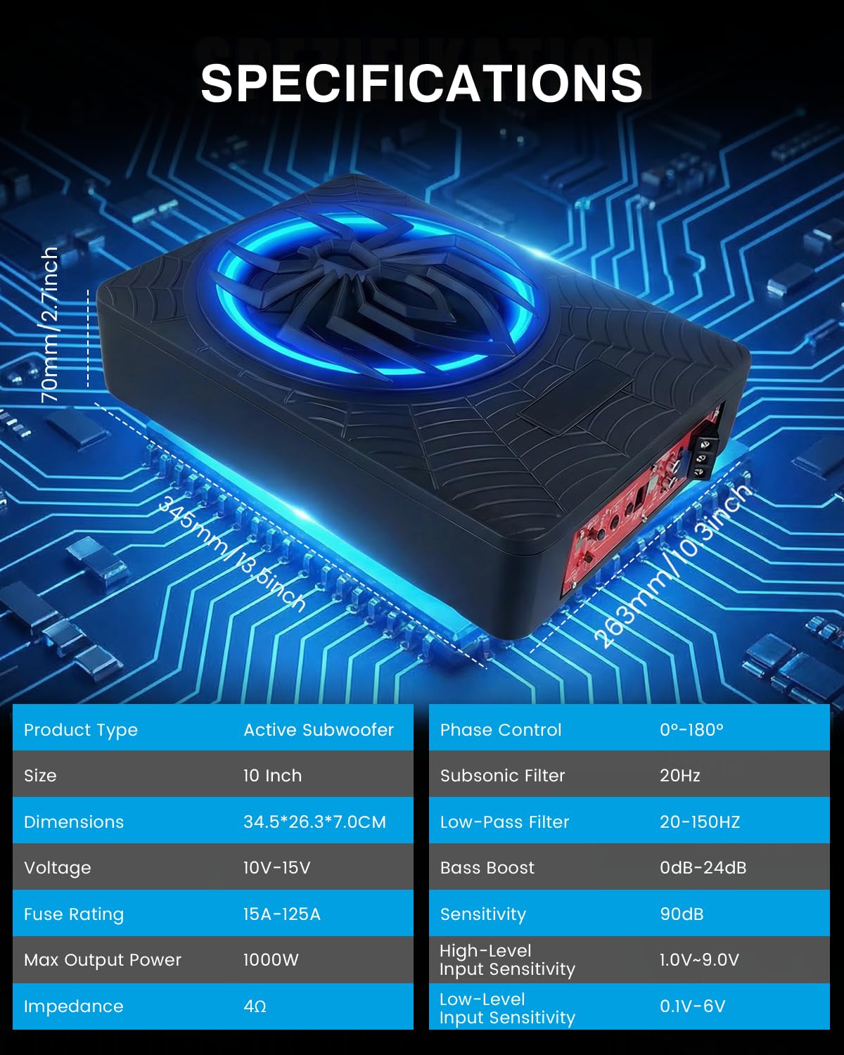 Subwoofer attivo per veicoli, progettato per essere posizionato sotto il sedile, 1000 W di potenza massima, driver da 10 pollici, con illuminazione ambientale blu, amplificatore integrato.