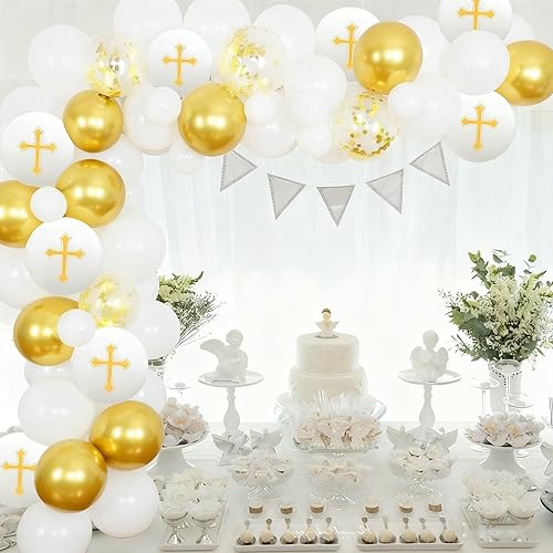 Miniatura 4 de Decoraciones de fiesta de bautismo, decoración de primera comunión blanca y dorada para niños y niñas, kit de guirnalda de globos con fondo de
