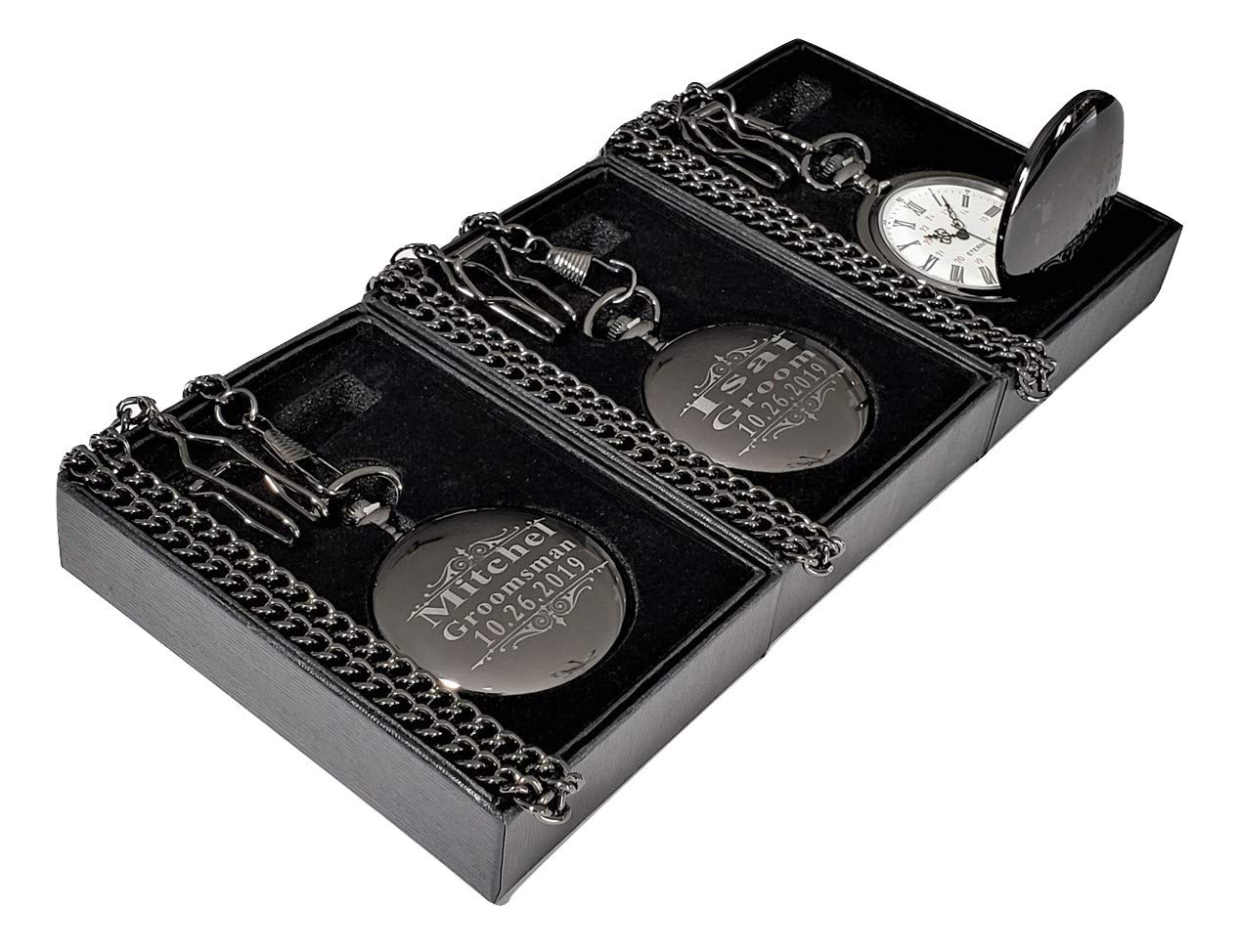 Eternity Engraving inc. 3 Pocket Watches Custom Engraved, Polished Gold with Roman Numerals, Chain & Box Included, 4 Colors Available, Set of 3 Pocket Watches (Black)