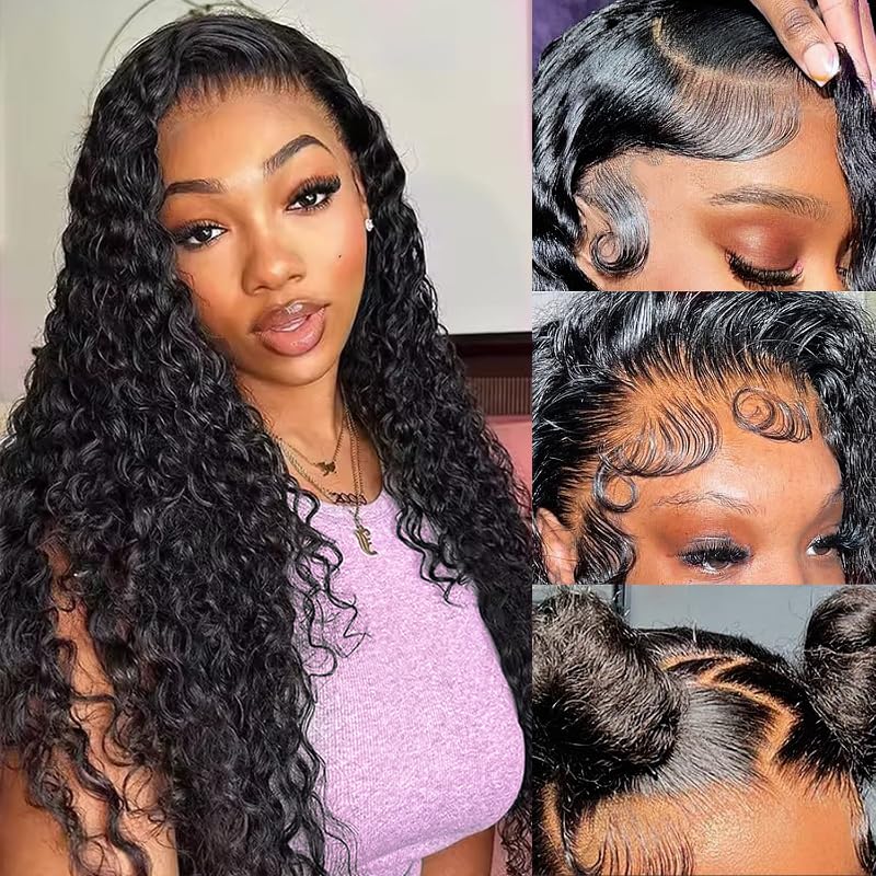 Deep Wave Lace Front Wigs Human Hair 13x4 HD Lace Front Wigs Human Hair Pre Plucked Brazilian Curly HumanHair Wig 200 Density Glueless Frontal Wigs For Women(20inch)