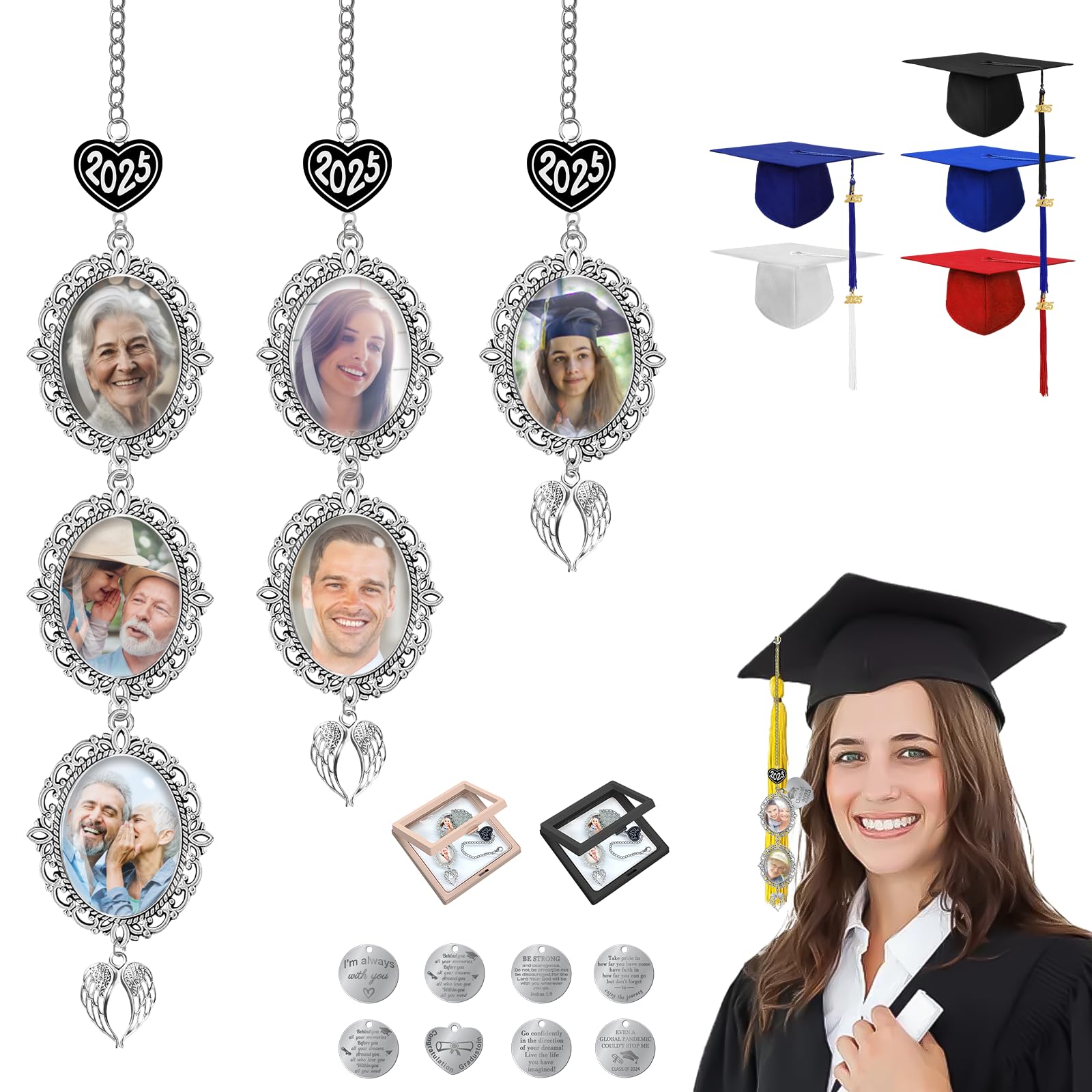 Custom Memorial Graduation Tassel Photo Charm with Angel Wings 2025 Personalized Graduation Cap Tassel Graduate Gifts for Ceremony Picture Decoration