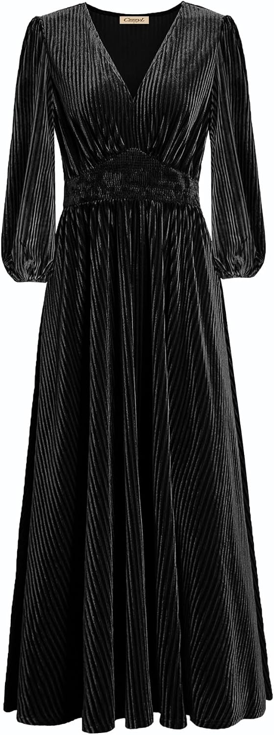 CzzzyL Women's Nursing Long Sleeve V Neck Velvet Maxi Dress Flowy Wedding Party Dresses with Pockets