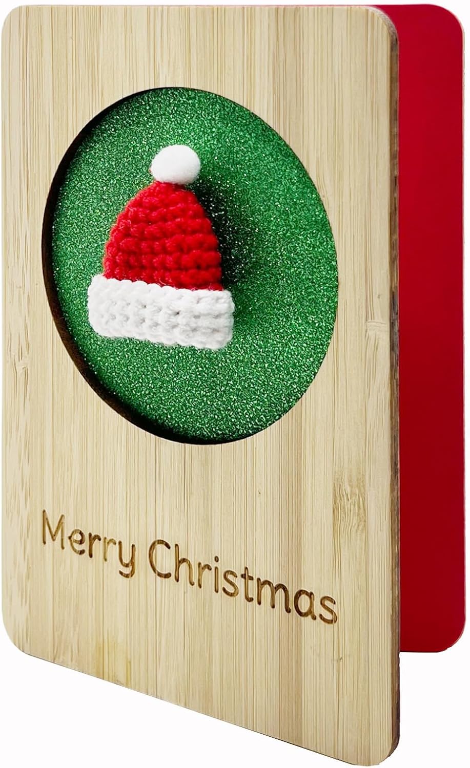 Wooden Christmas Greeting Card,Handmade Card with Knitted Santa Hat,Merry Christmas Card For Friends,Family