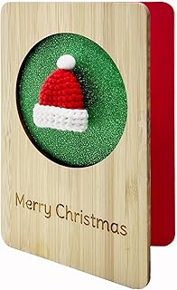 Wooden Christmas Greeting Card,Handmade Card with Knitted Santa Hat,Merry Christmas Card For Friends,Family